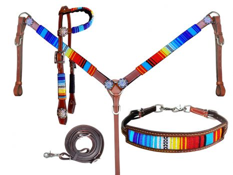 Showman 4pc. Red, Yellow and Blue beaded headstall and breast collar set with concho accents, comes with competition reins and matching wither strap